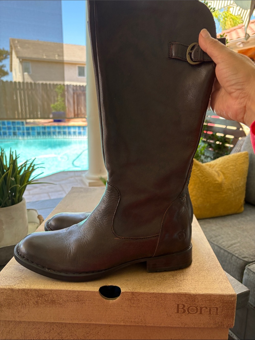 Born Women's Dark Brown Leather Knee-High Riding Boots with Buckle